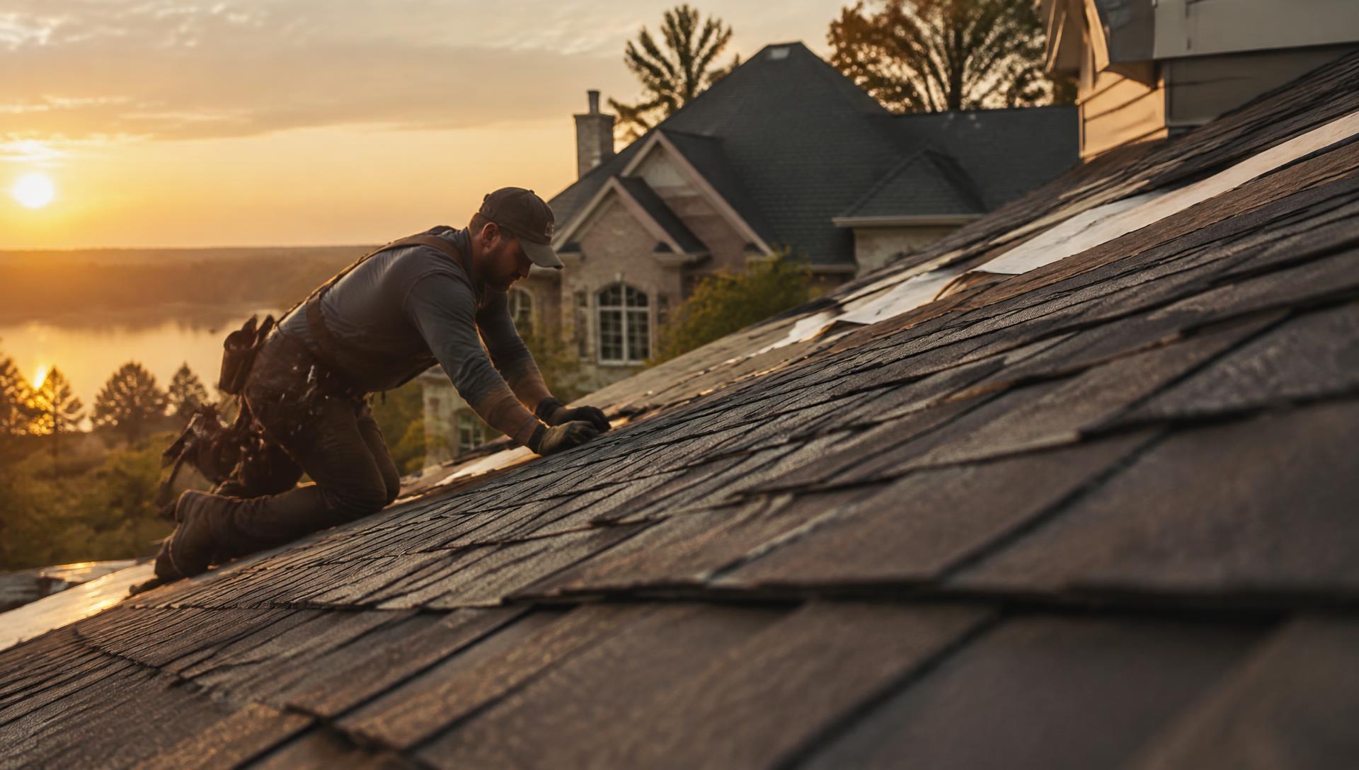 Roofing professional installing shingles at sunset