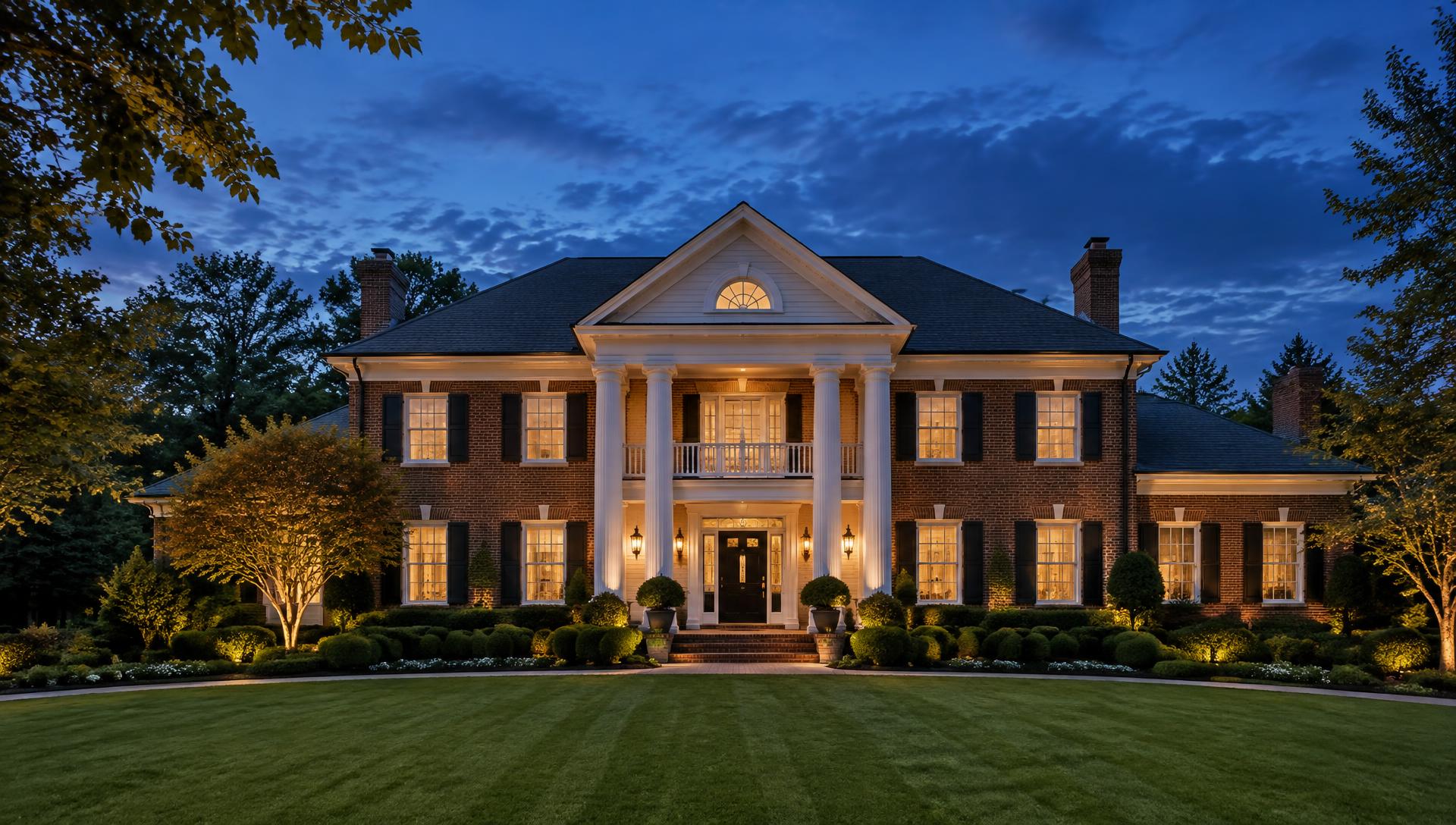 Stately Georgia brick home at dusk with warm interior light