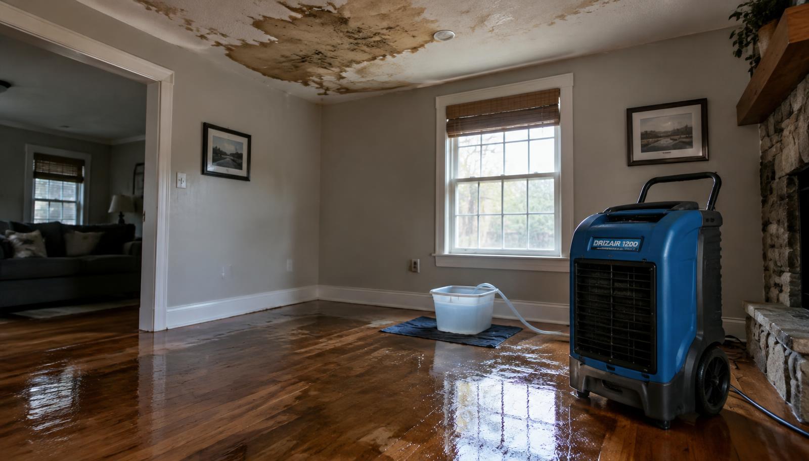 Living room with water stained ceiling and wet hardwood floors